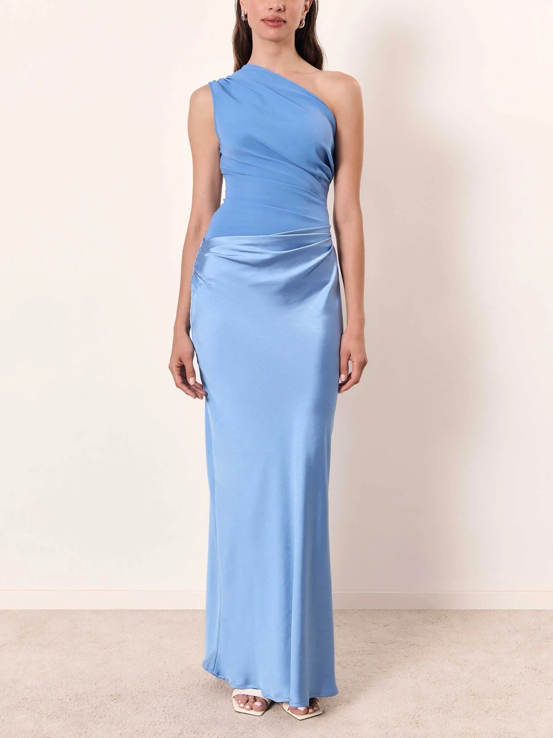 One Shoulder Maxi Dress Pleated Asymmetric Formal Evening