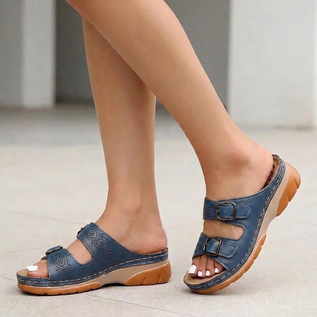 Orthopedic Buckle Platform Sandals Perforated Comfort - Navy Blue