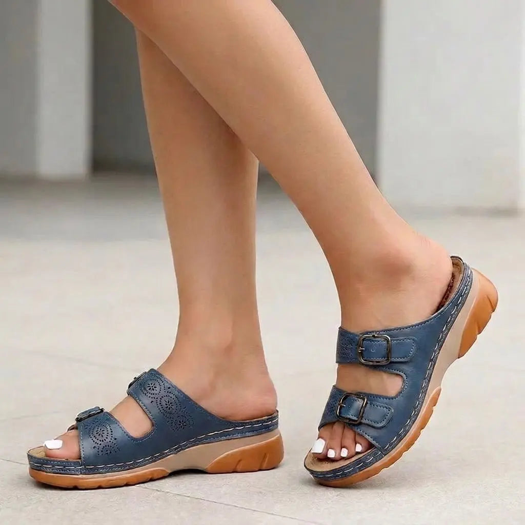 Orthopedic Buckle Platform Sandals Perforated Comfort - Navy Blue