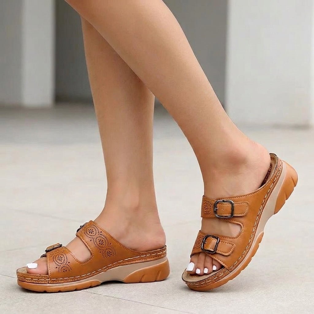 Orthopedic Buckle Platform Sandals Perforated Comfort - Brown