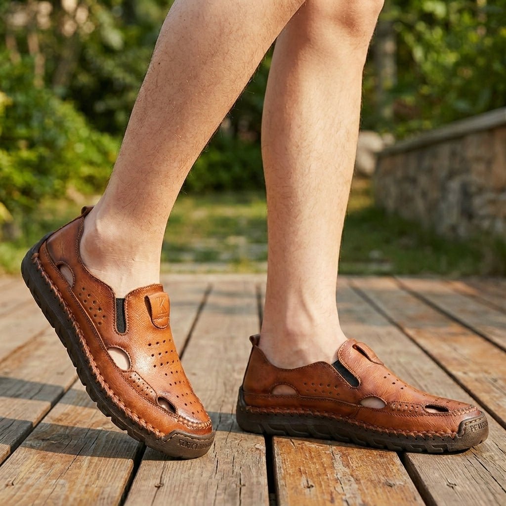 Orthopedic Closed-Toe Sandals Men's Hand-Stitched Perforated - Brown