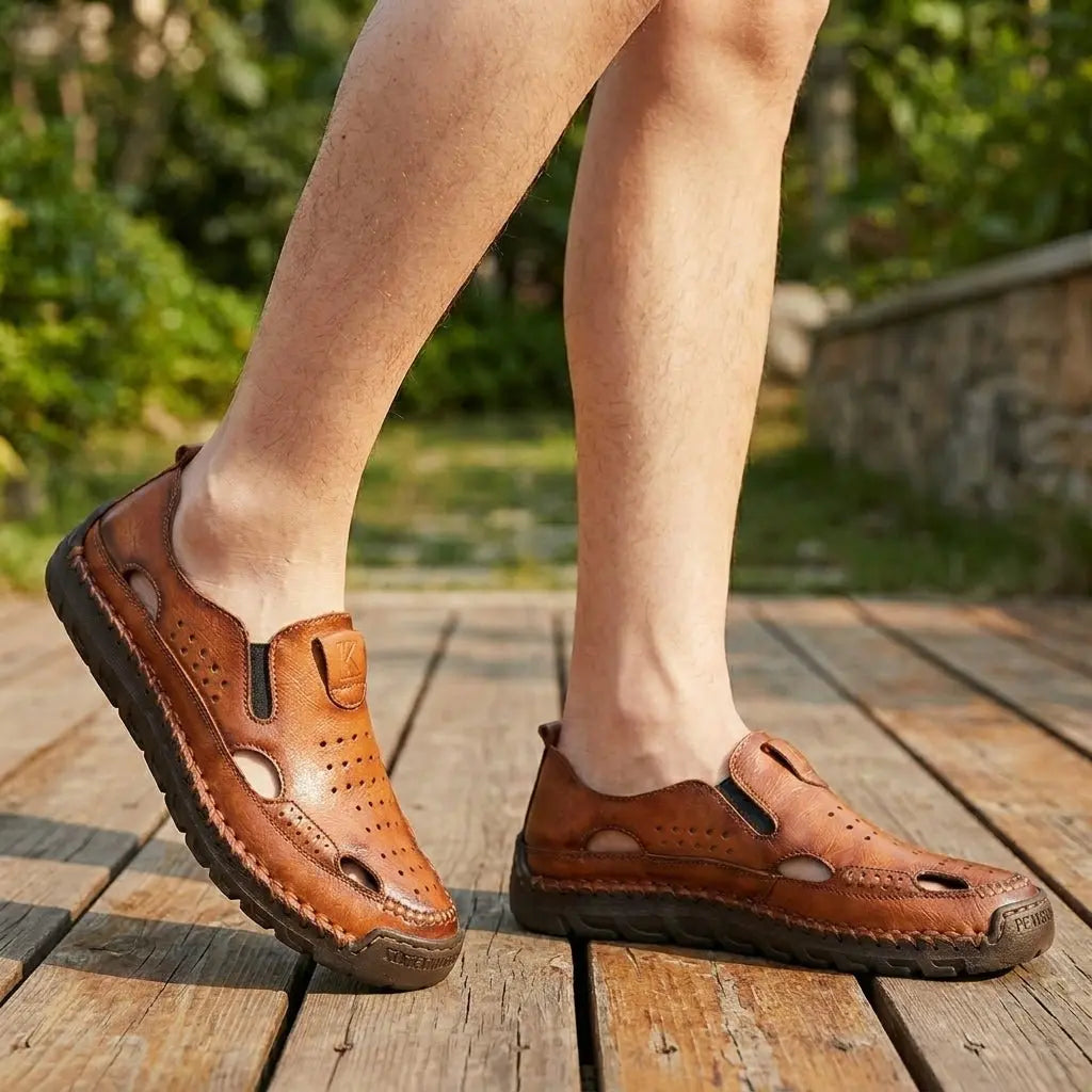 Orthopedic Closed-Toe Sandals Men's Hand-Stitched Perforated - Brown
