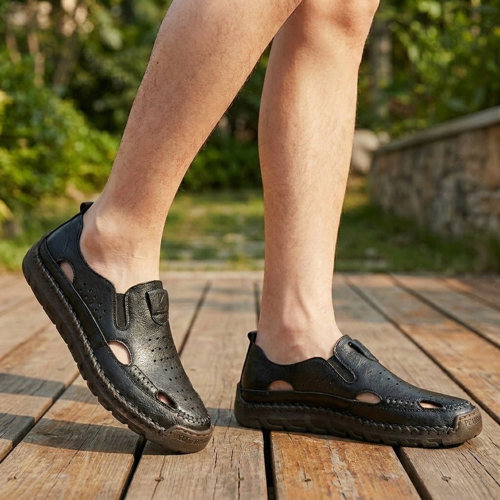 Orthopedic Closed-Toe Sandals Men's Hand-Stitched Perforated - Black