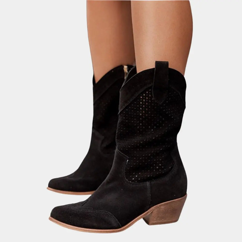 Orthopedic Cowboy Boots Block Heel Perforated Western Style - Black
