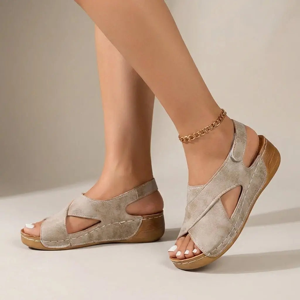 Orthopedic Criss-Cross Slingback Wedge Sandals - Beige