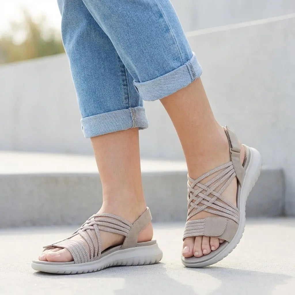 Orthopedic Criss-Cross Strappy Sandals Adjustable Comfort - Beige
