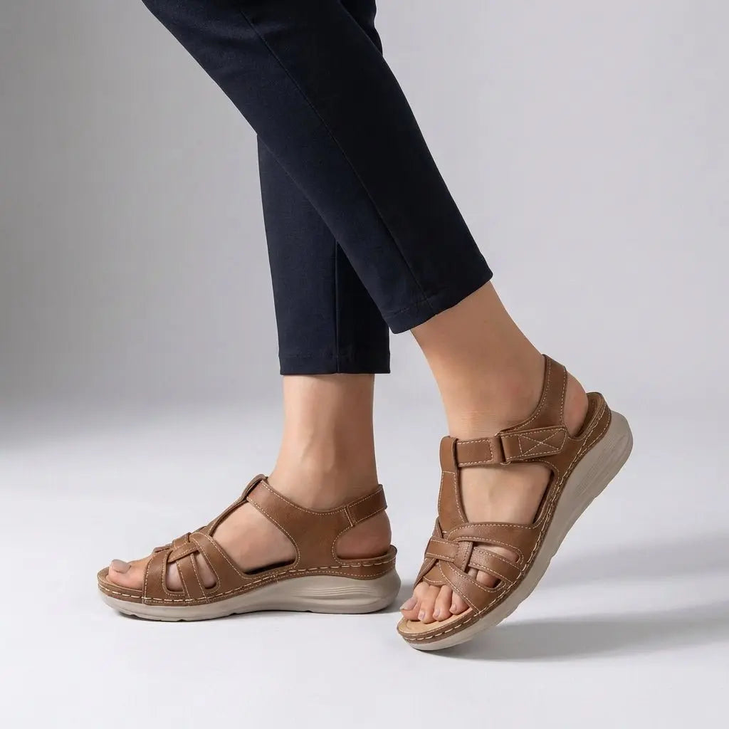 Orthopedic Cross-Strap Wedge Sandals Open-Toe - Brown