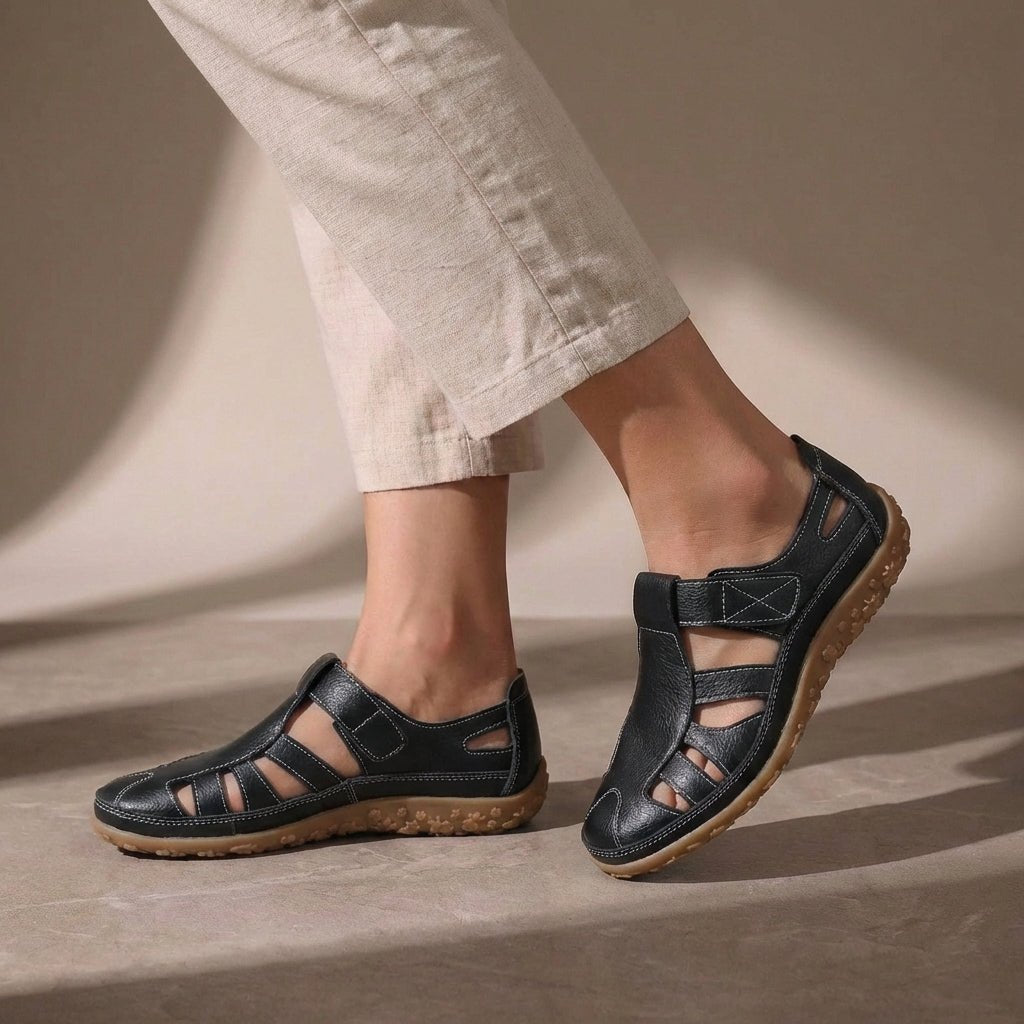 Orthopedic Fisherman Sandals Cutout Leather Closed Toe - Black