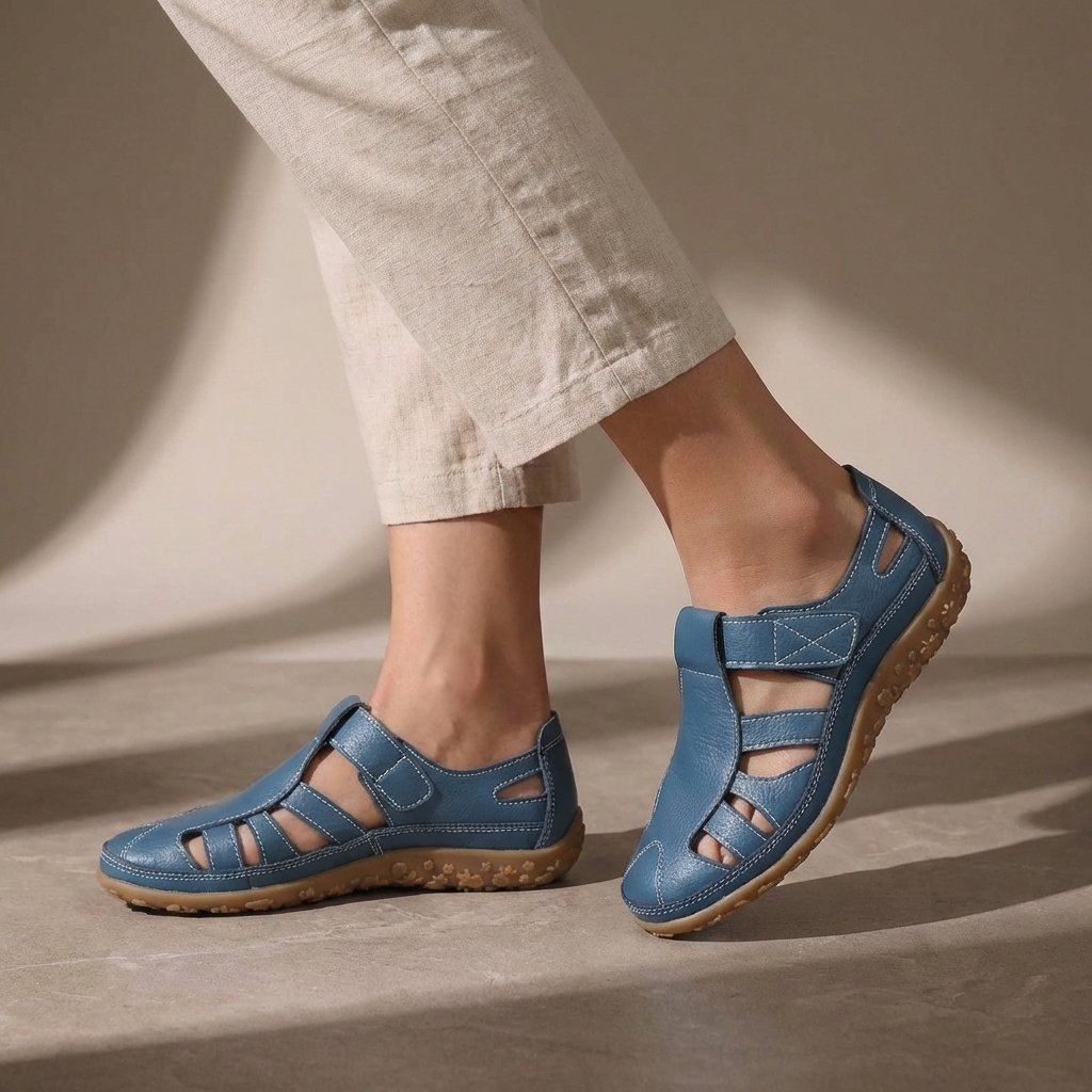 Orthopedic Fisherman Sandals Cutout Leather Closed Toe - Blue