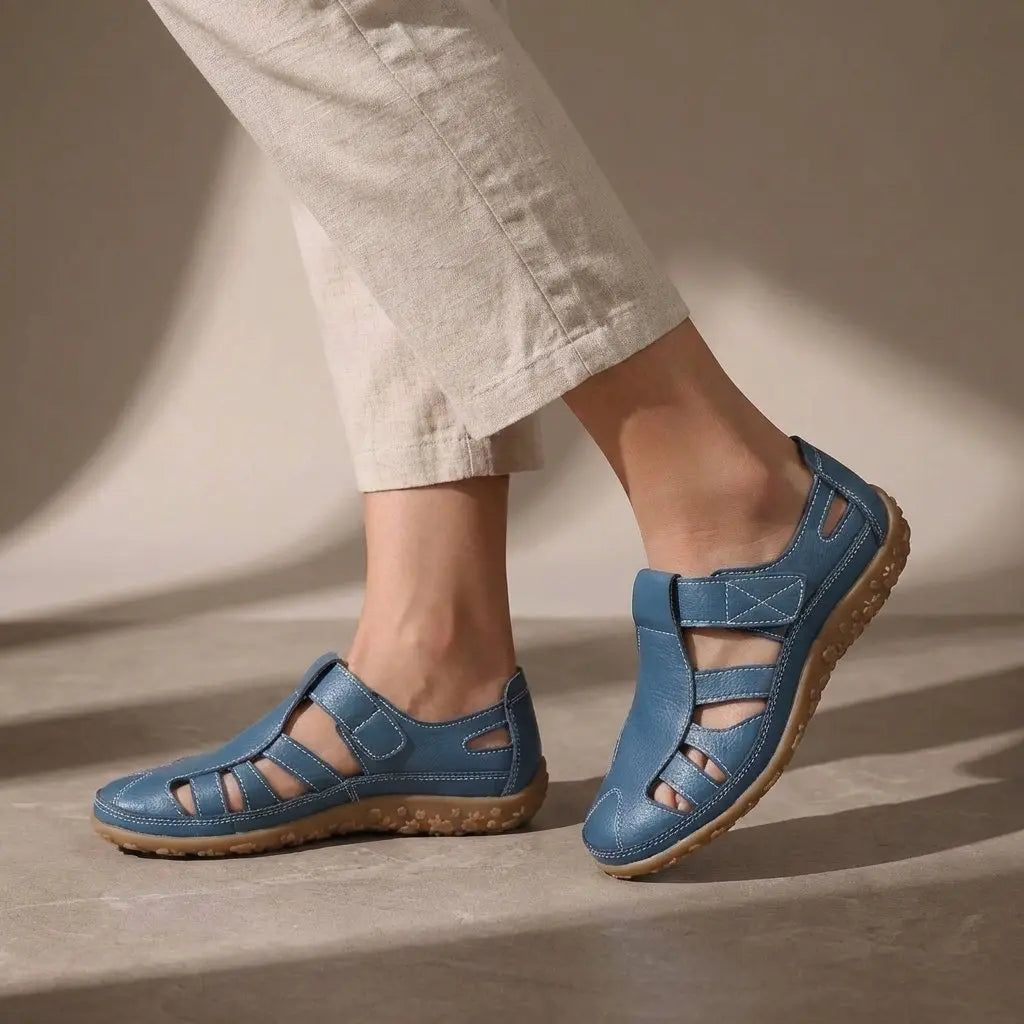 Orthopedic Fisherman Sandals Cutout Leather Closed Toe - Blue