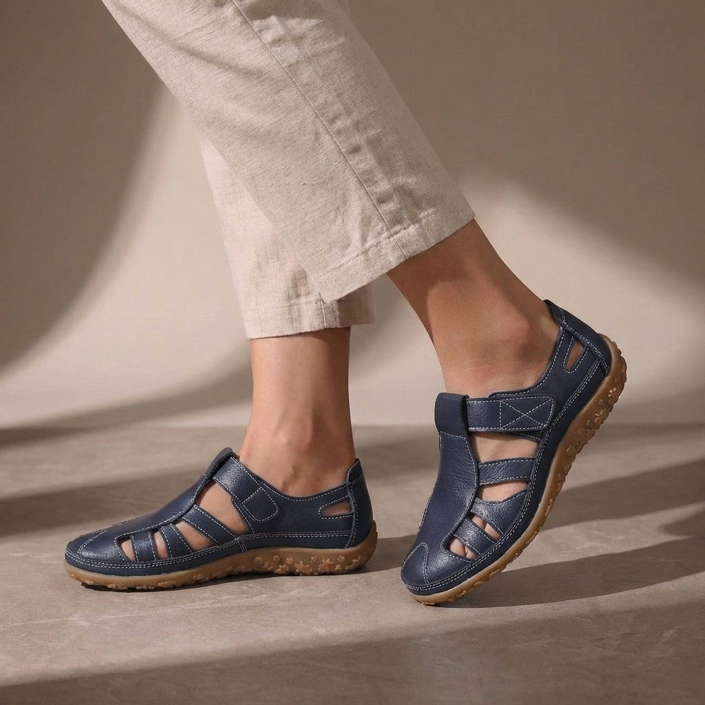 Orthopedic Fisherman Sandals Cutout Leather Closed Toe - Navy Blue