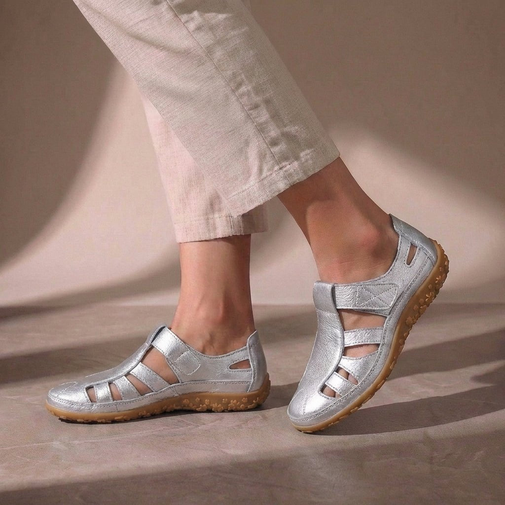 Orthopedic Fisherman Sandals Cutout Leather Closed Toe - Silver