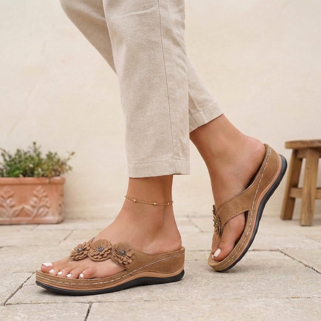 Orthopedic Floral Wedge Sandals Slip-On - Brown