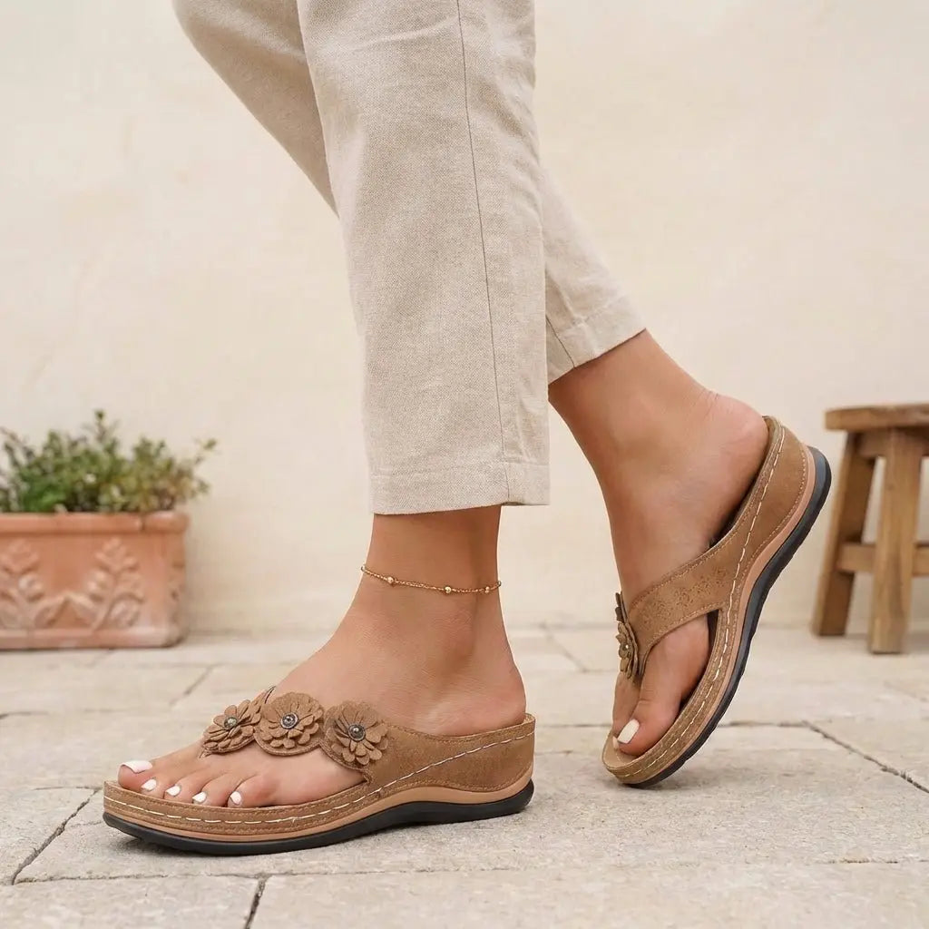 Orthopedic Floral Wedge Sandals Slip-On - Brown