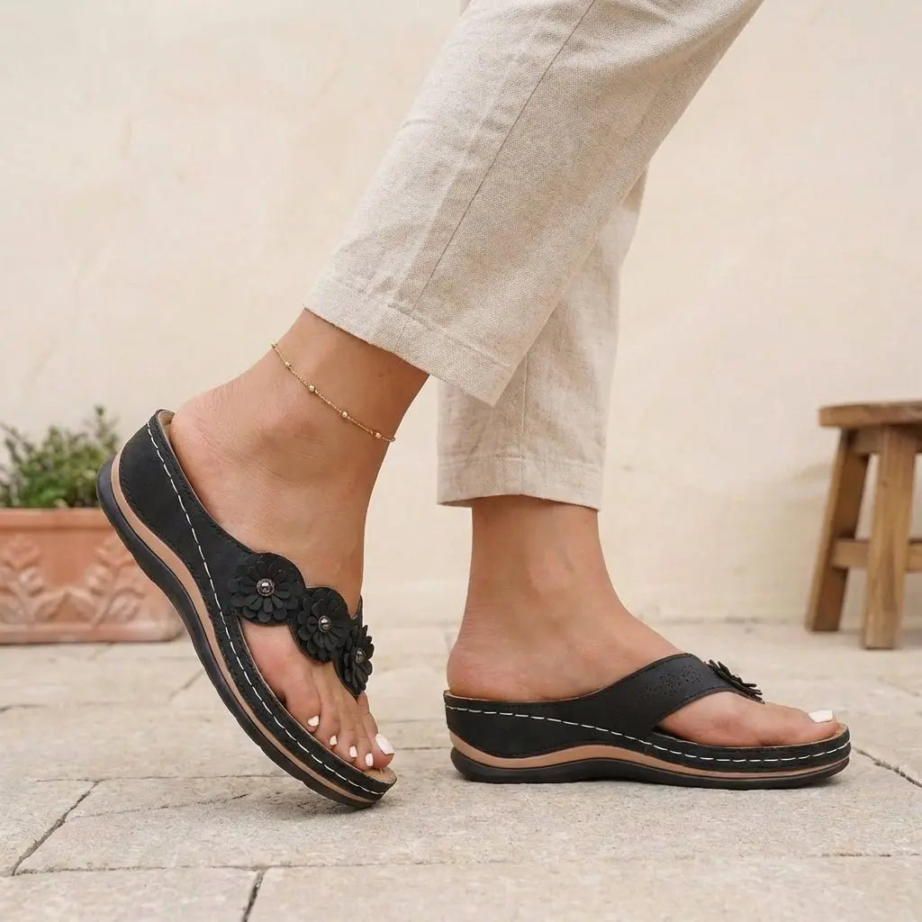 Orthopedic Floral Wedge Sandals Slip-On - Black