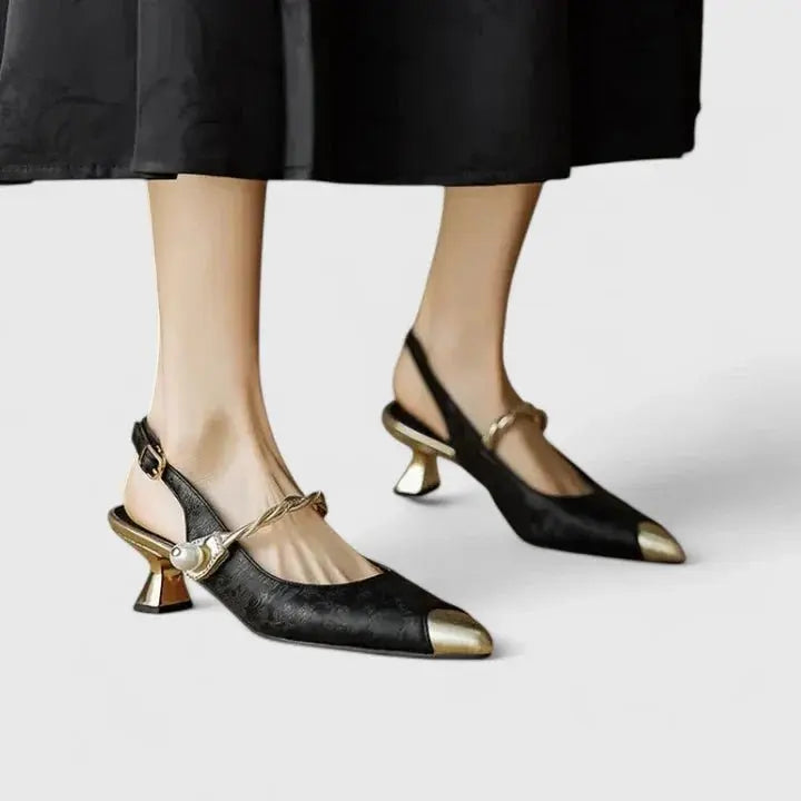 Orthopedic Kitten Heels Pearl Strap Pointed Toe Comfort - Black