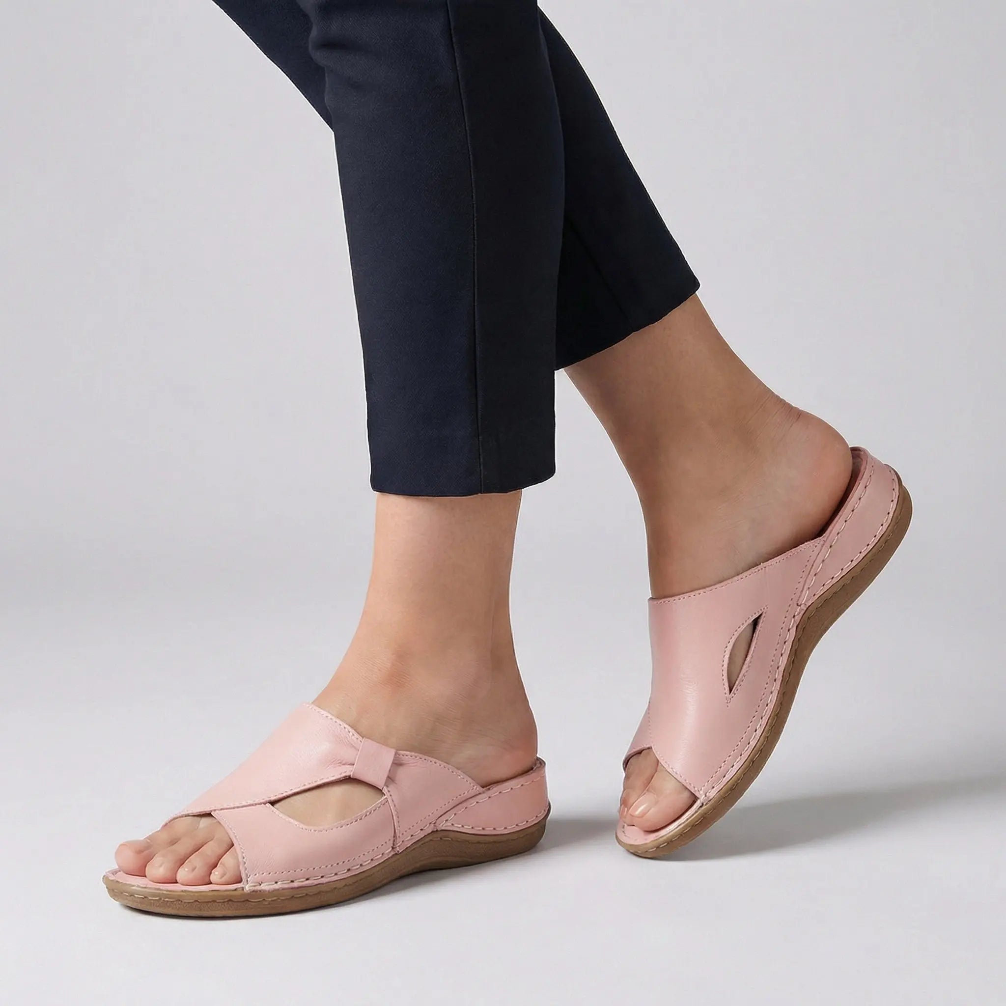 Orthopedic Leather Slide Sandals Open-Toe Cutout - Pink