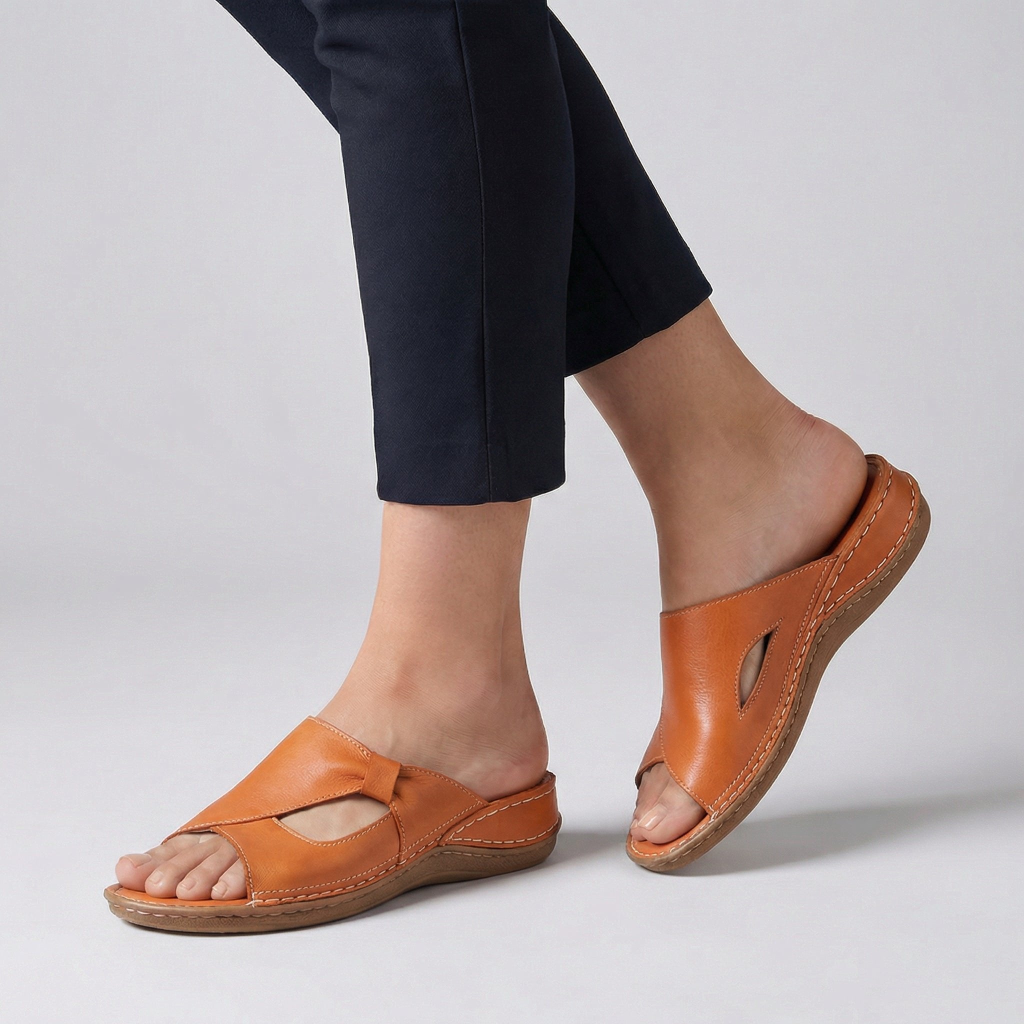 Orthopedic Leather Slide Sandals Open-Toe Cutout - Orange