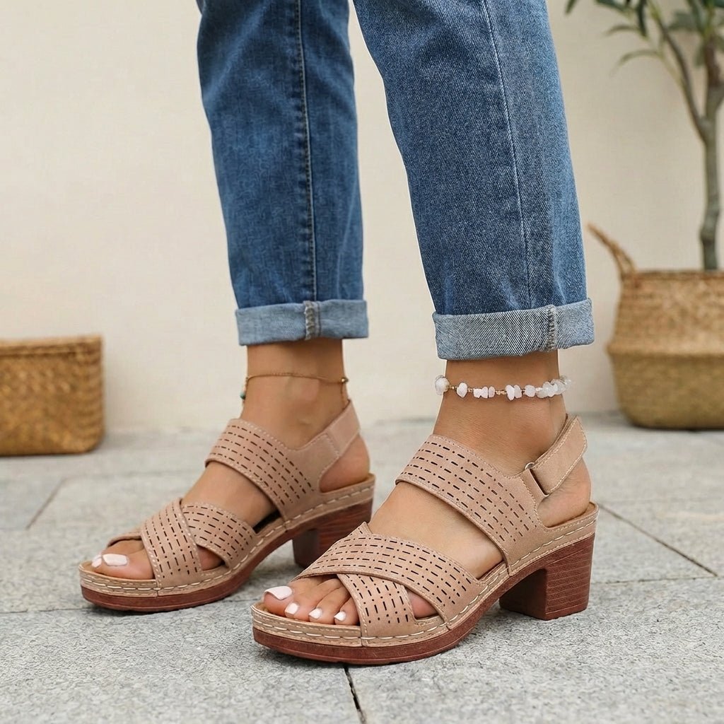 Orthopedic Platform Block Heel Sandals Cut Out Design - Brown