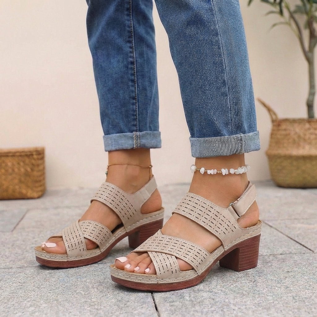 Orthopedic Platform Block Heel Sandals Cut Out Design - Khaki