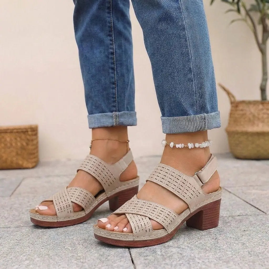 Orthopedic Platform Block Heel Sandals Cut Out Design - Khaki