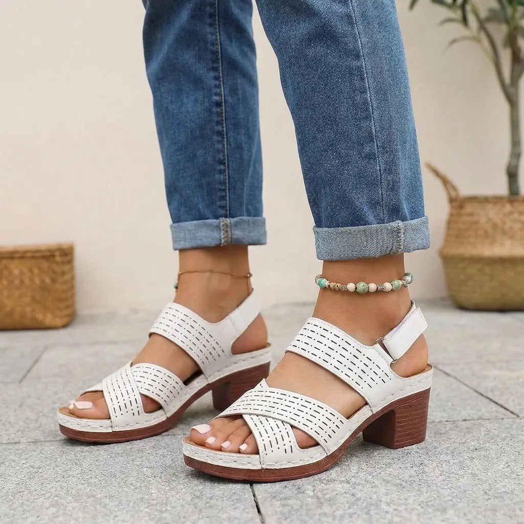 Orthopedic Platform Block Heel Sandals Cut Out Design - White
