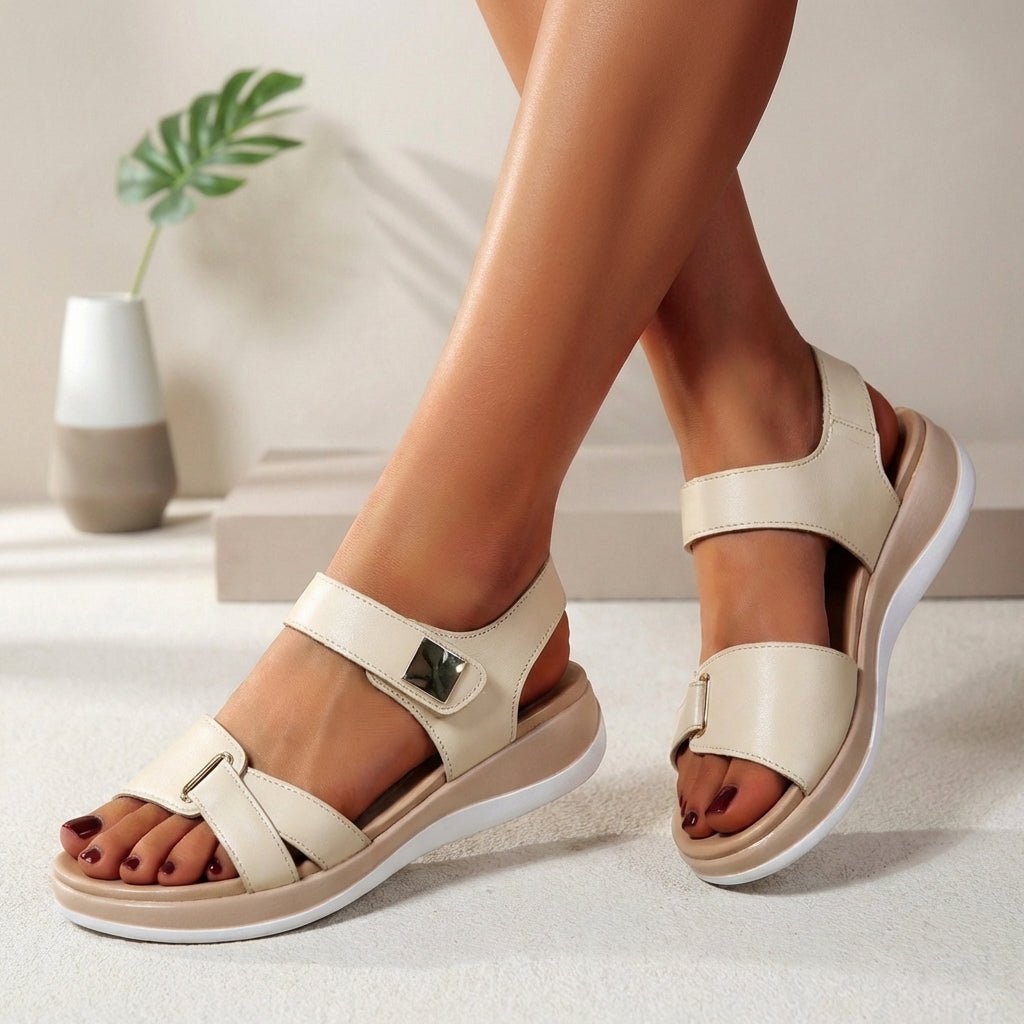Orthopedic Platform Sandals Open Toe Velcro Straps - Beige