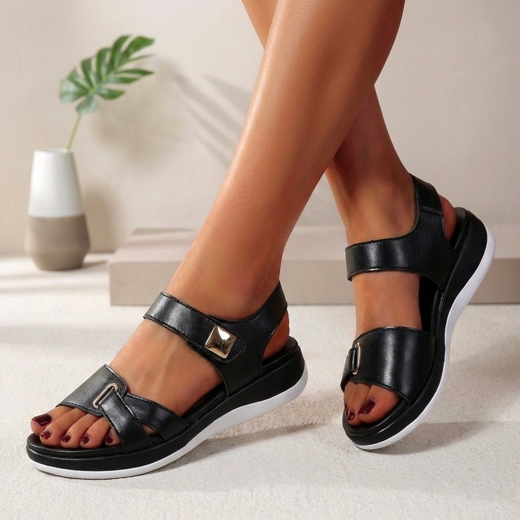 Orthopedic Platform Sandals Open Toe Velcro Straps - Black