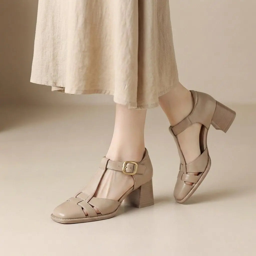 Orthopedic T-Bar Sandals Chunky Heel Square Toe - Apricot