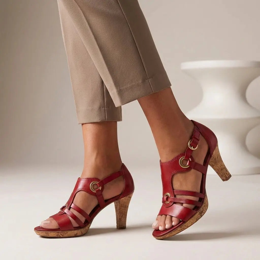 Orthopedic T-Strap Cork Heel Sandals Women's Ankle Strap - Scarlet Red