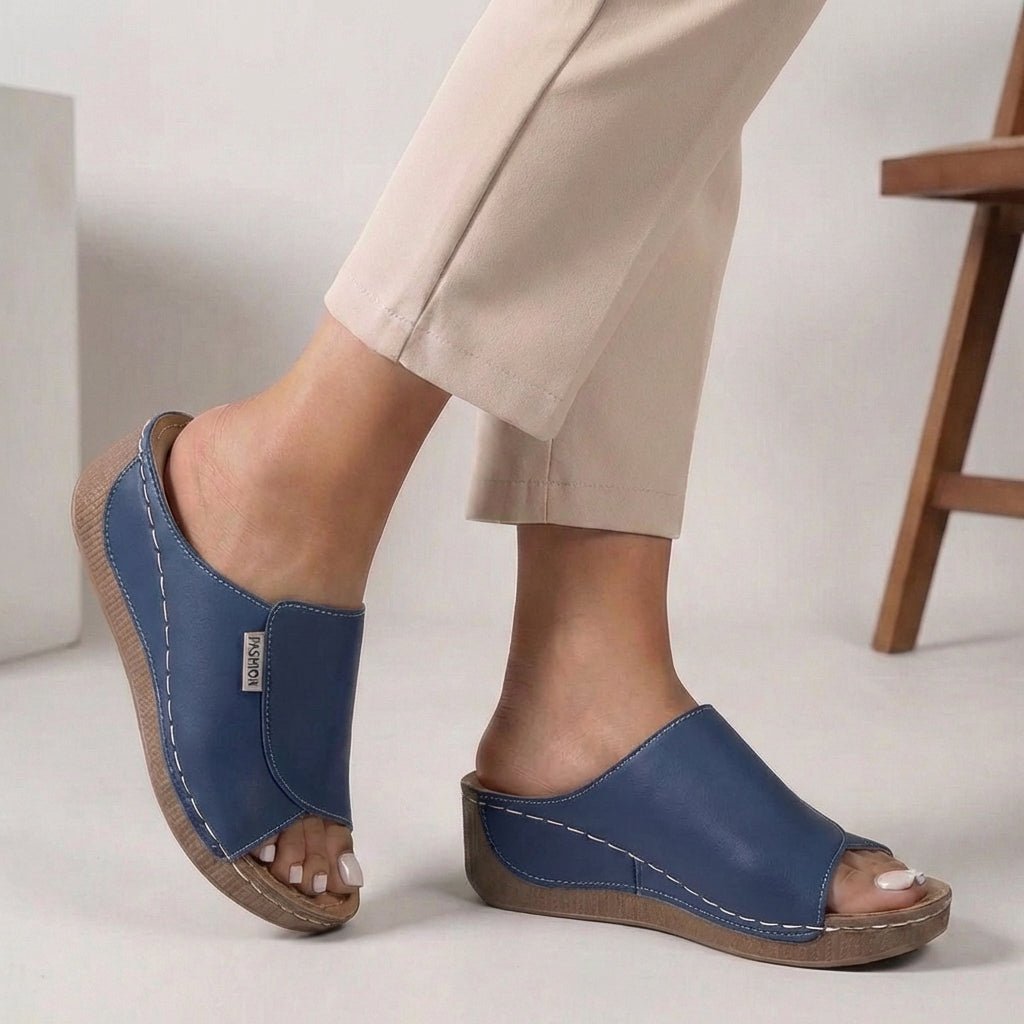 Orthopedic Wedge Heel Slippers Open Toe Slip-On - Blue