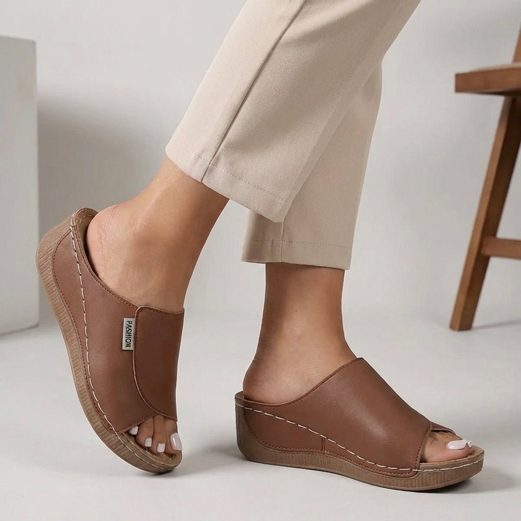Orthopedic Wedge Heel Slippers Open Toe Slip-On - Brown
