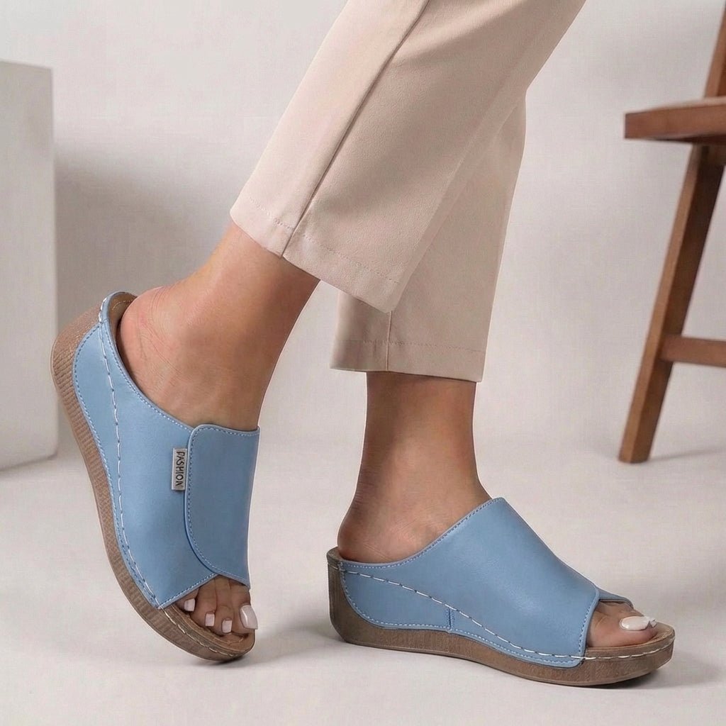 Orthopedic Wedge Heel Slippers Open Toe Slip-On - Light Blue
