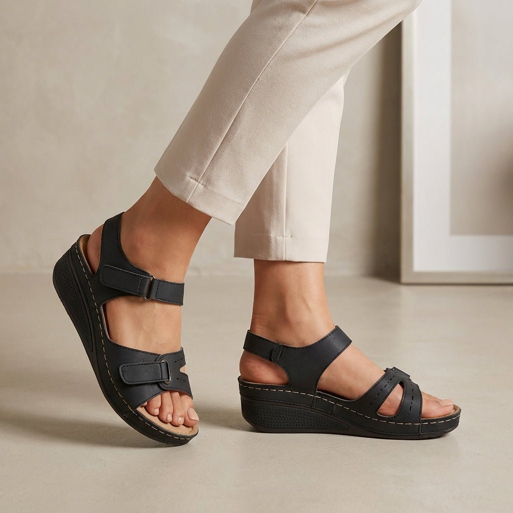 Orthopedic Wedge Sandals Adjustable Straps Open Toe - Black