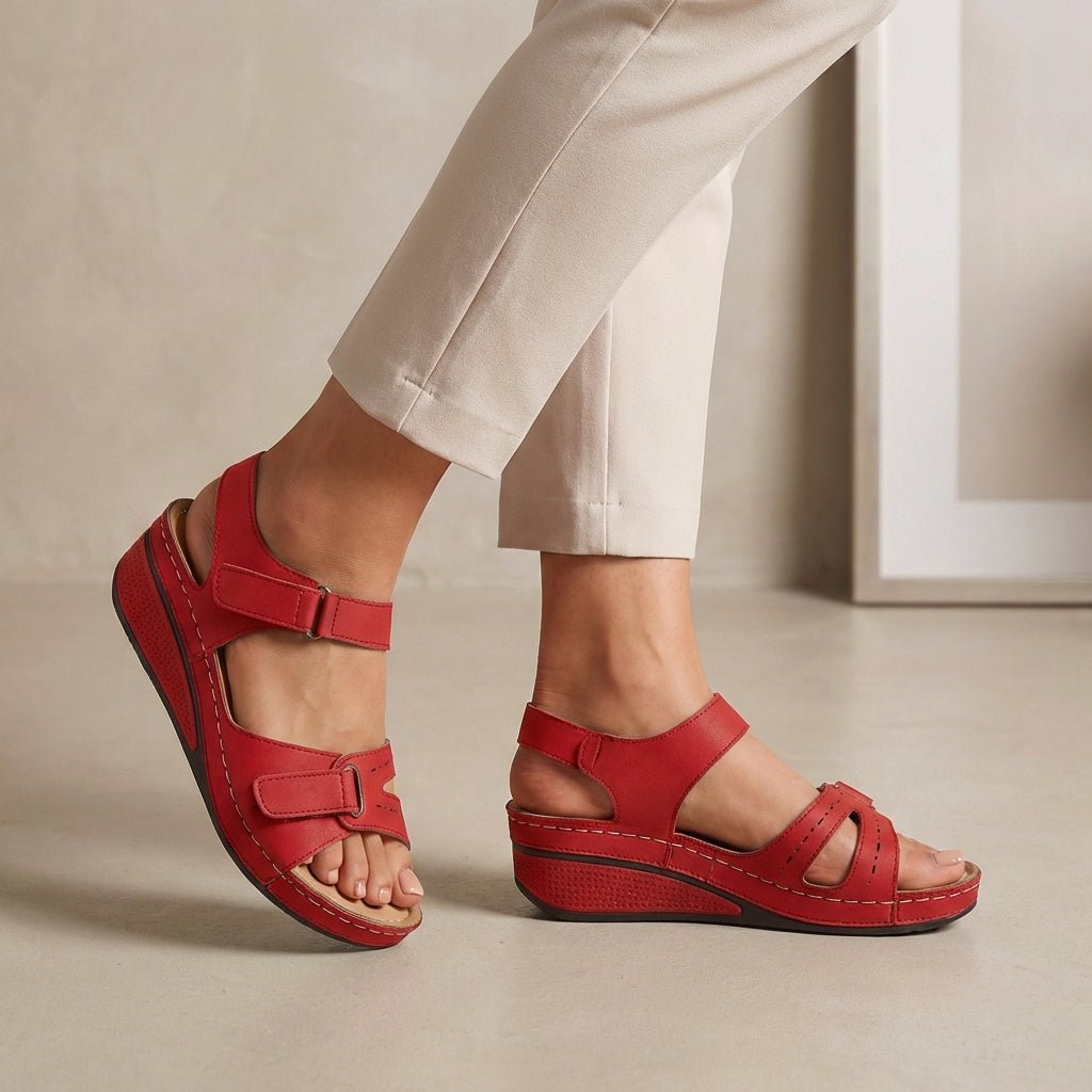 Orthopedic Wedge Sandals Adjustable Straps Open Toe - Red