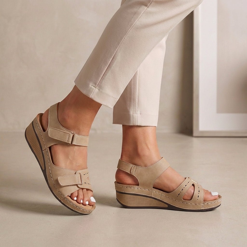 Orthopedic Wedge Sandals Adjustable Straps Open Toe - Beige