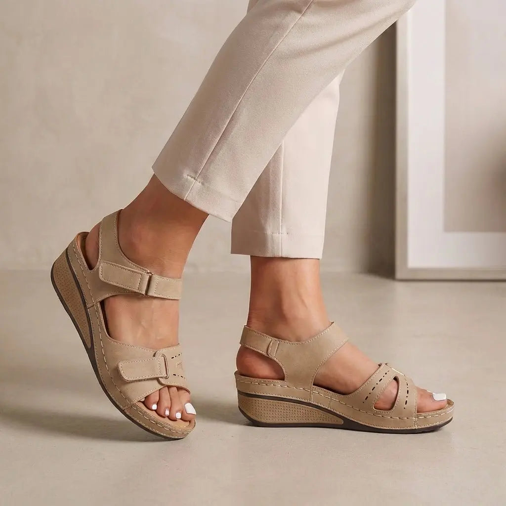 Orthopedic Wedge Sandals Adjustable Straps Open Toe - Beige