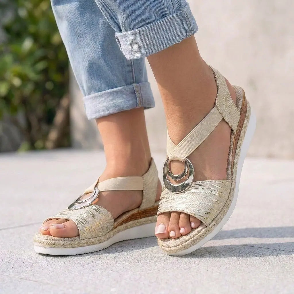 Orthopedic Wedge Sandals Chevron Pattern Espadrille - Beige