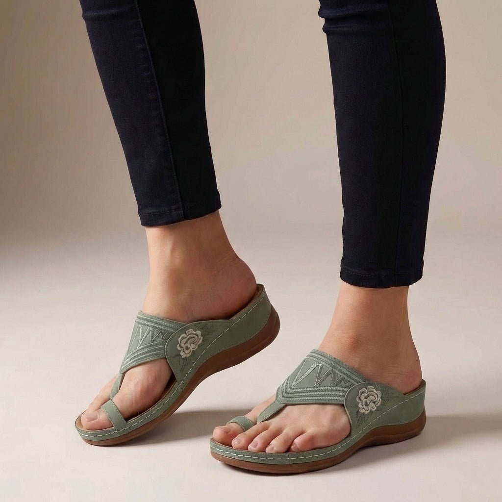 Orthopedic Wedge Sandals Floral Embroidered Thong - Green