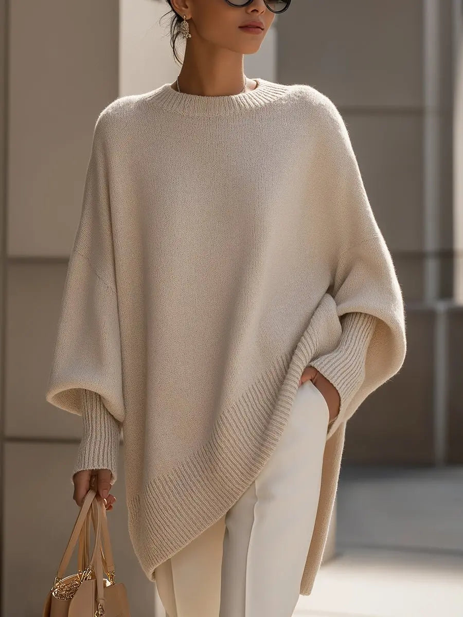 Oversized Wool Blend Jumper Asymmetrical Hem Drop Shoulder - Beige (Almost Sold Out)