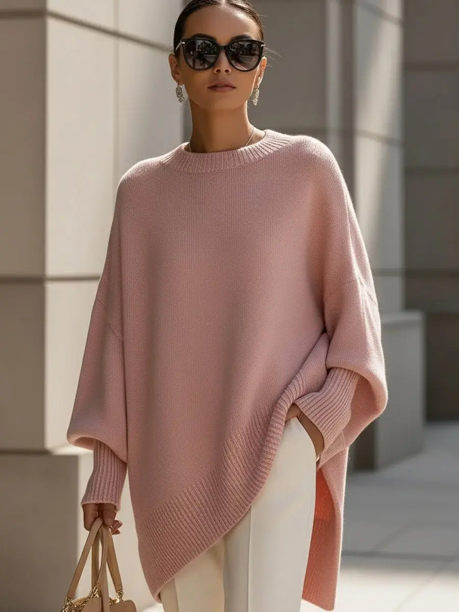 Oversized Wool Blend Jumper Asymmetrical Hem Drop Shoulder - Pink