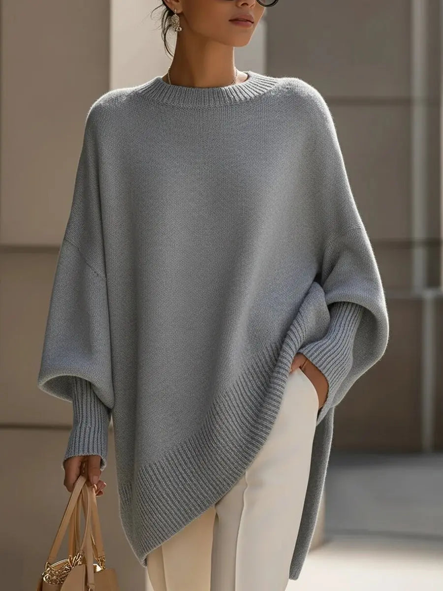 Oversized Wool Blend Jumper Asymmetrical Hem Drop Shoulder - Gray