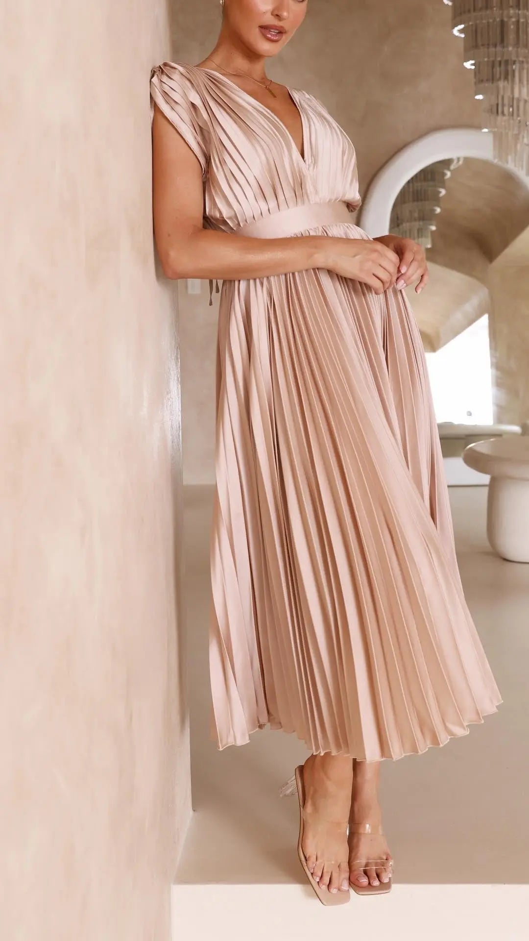 Pleated Maxi Dress Deep V-Neck Tie Waist Sleeveless