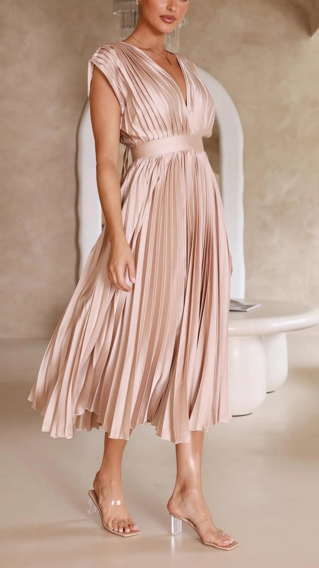 Pleated Maxi Dress Deep V-Neck Tie Waist Sleeveless