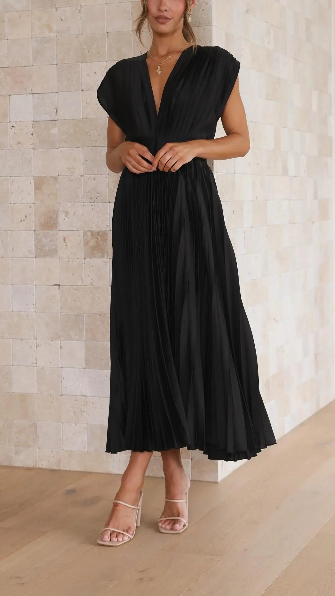Pleated Maxi Dress Deep V-Neck Tie Waist Sleeveless