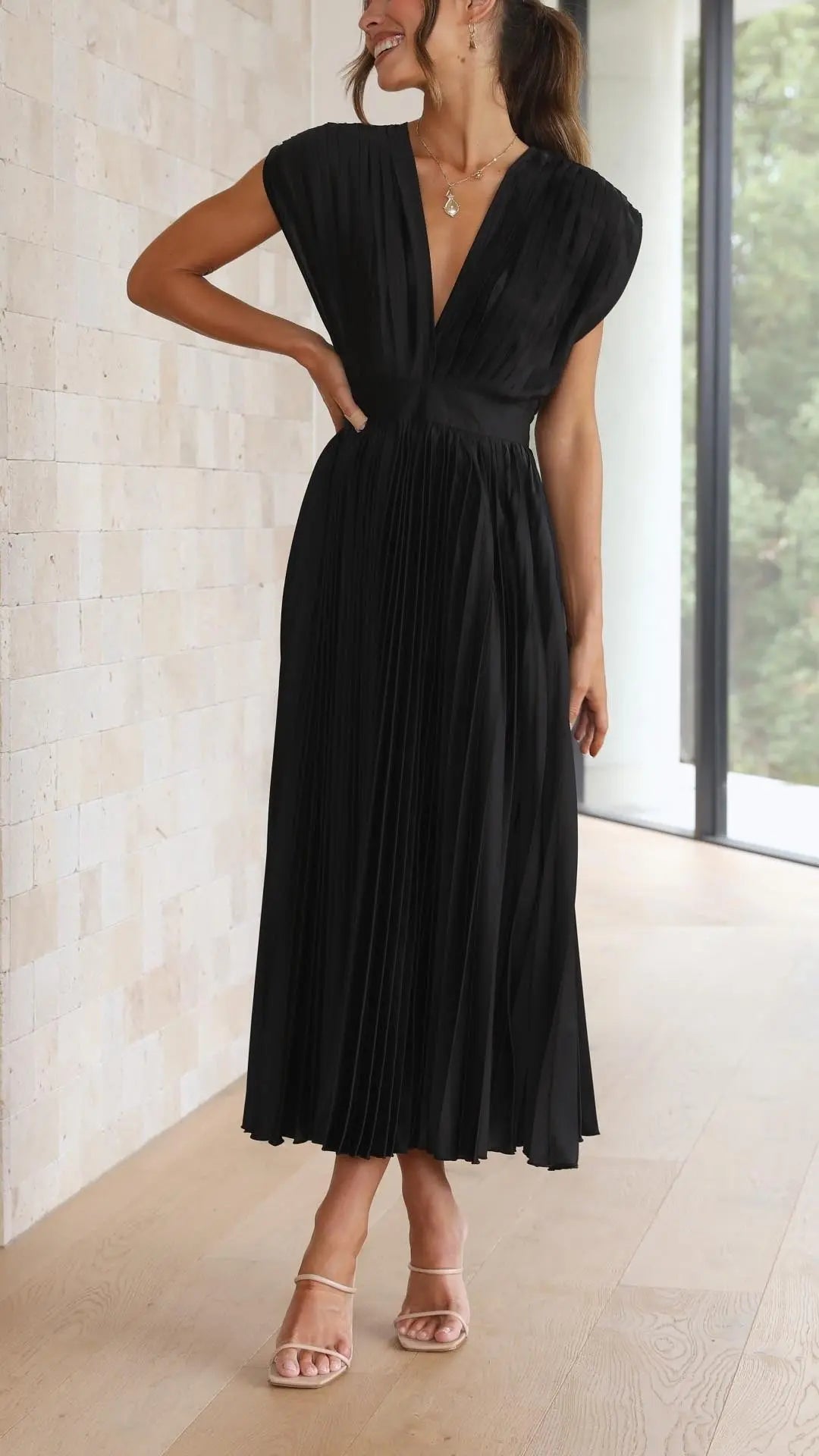 Pleated Maxi Dress Deep V-Neck Tie Waist Sleeveless