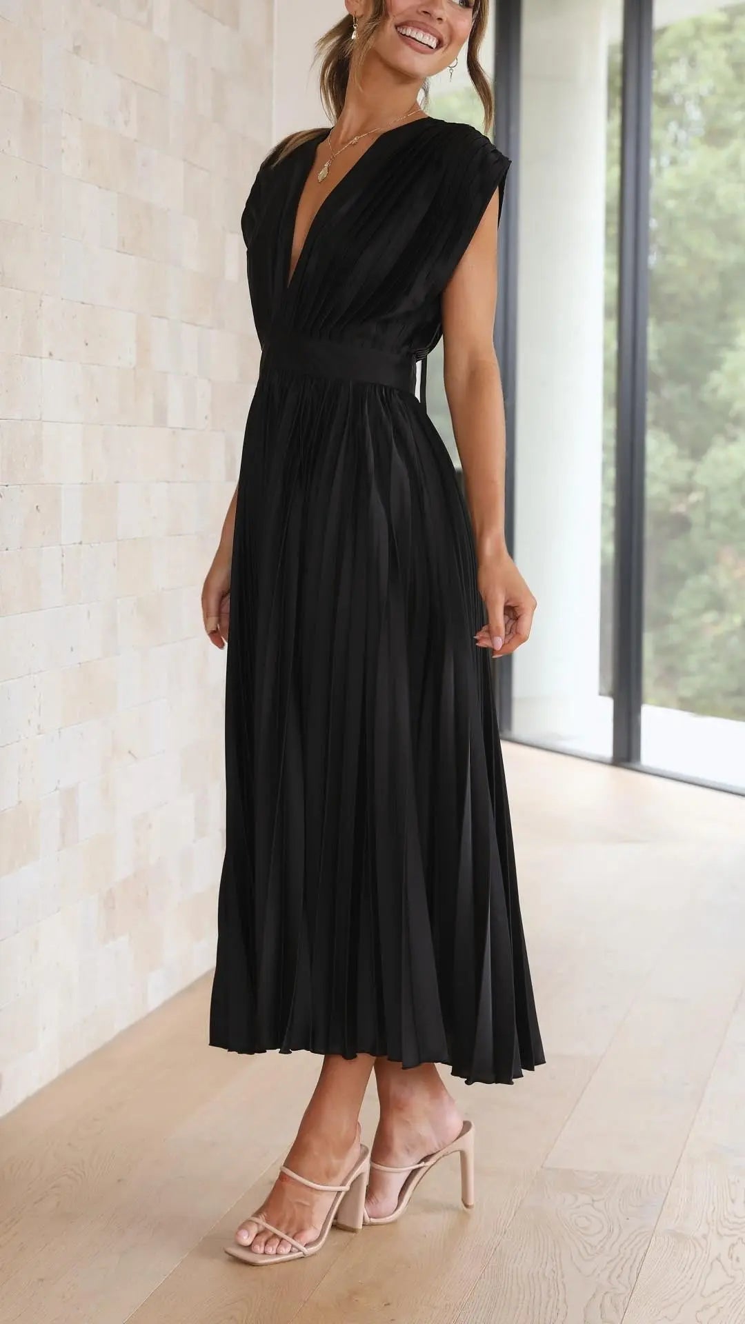 Pleated Maxi Dress Deep V-Neck Tie Waist Sleeveless