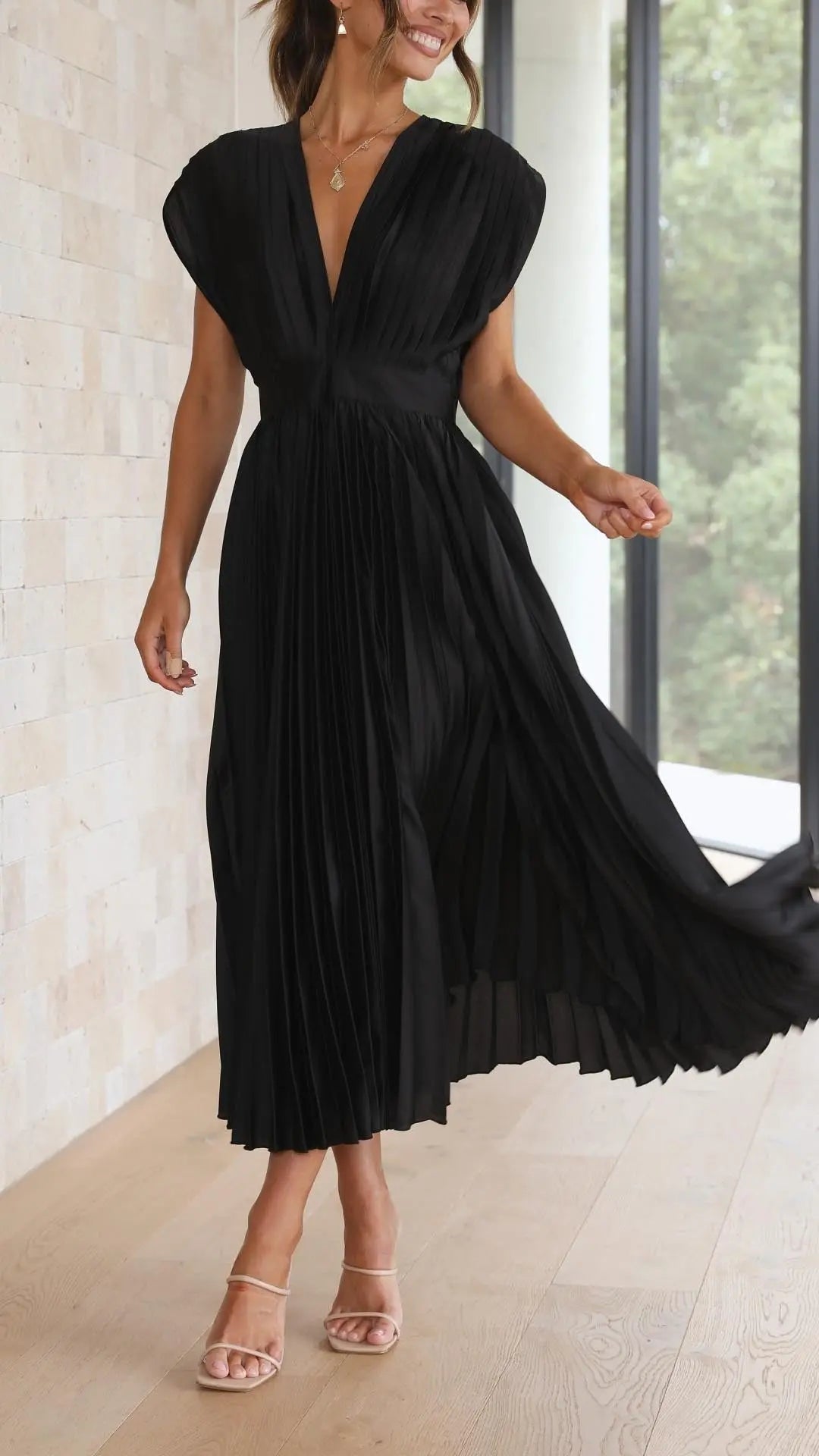 Pleated Maxi Dress Deep V-Neck Tie Waist Sleeveless - Black