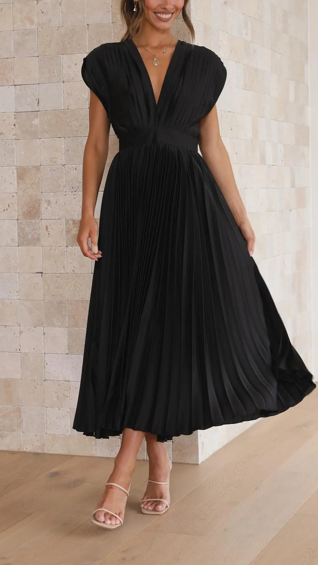 Pleated Maxi Dress Deep V-Neck Tie Waist Sleeveless