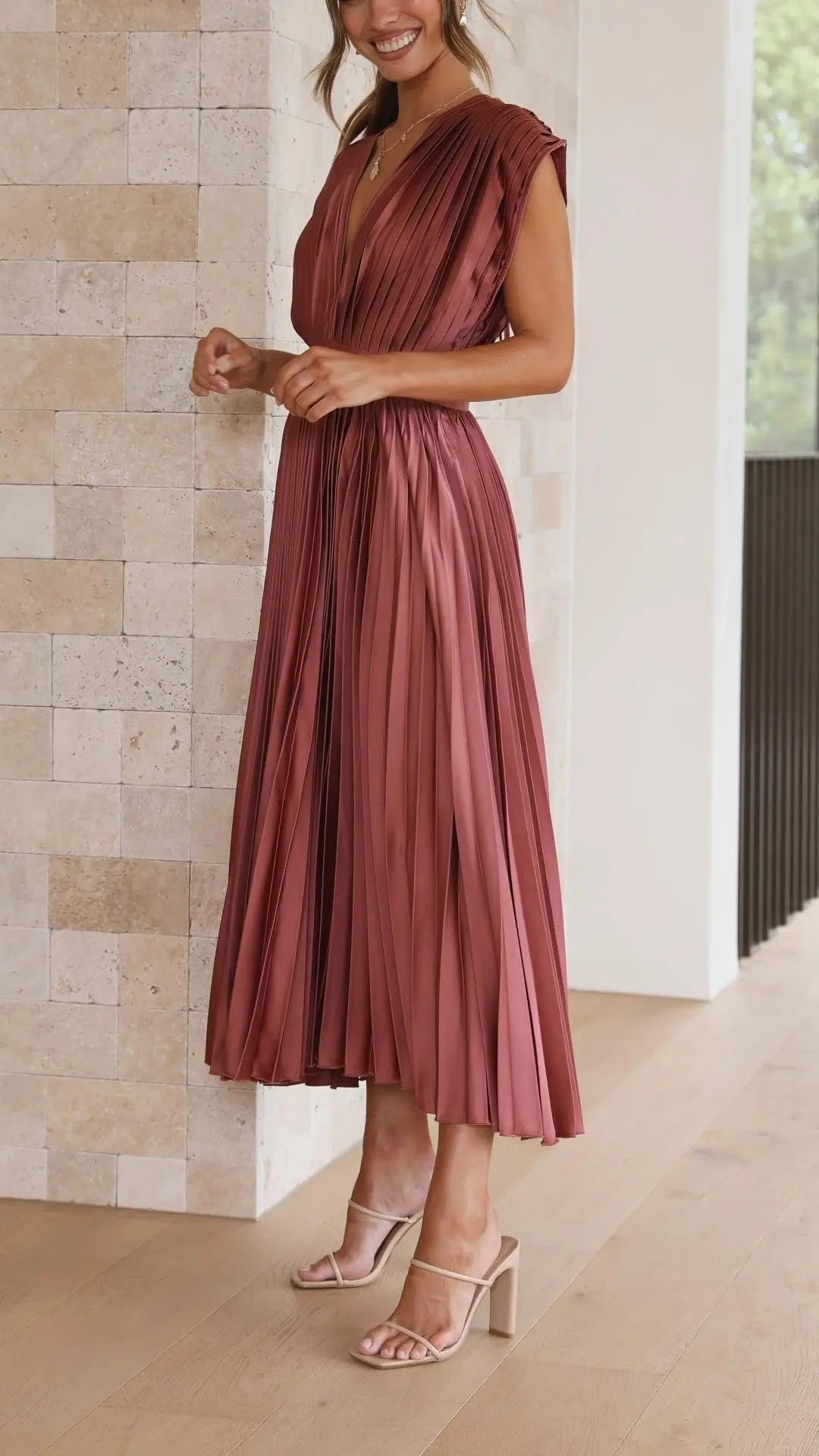 Pleated Maxi Dress Deep V-Neck Tie Waist Sleeveless